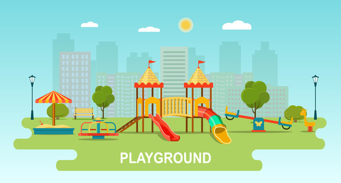 Children playground. Kindergarten playground with swings, slide,  toy giraffe, carousel, sandbox. Flat vector illustration