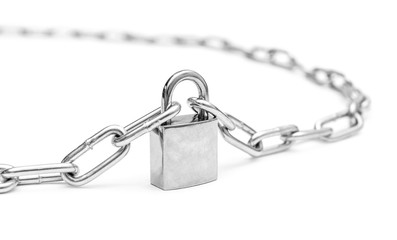 Closed padlock with chains on white.