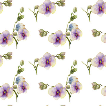 Watercolor purple orchids seamless pattern, hand painted on a white background
