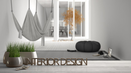 Wooden table, desk or shelf with potted grass plant, house keys and 3D letters making the words interior design, over blurred minimal living room, project concept copy space background