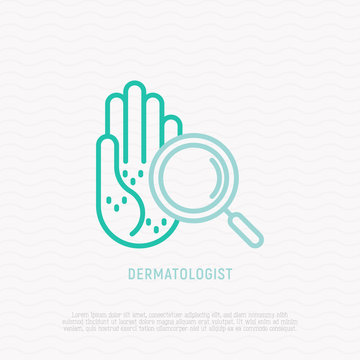 Dermatologist Symbol, Rash On The Palm Under Magnifier Thin Line Icon. Modern Vector Illustration.