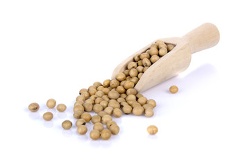 Soybean in wooden spoon isolated on white background