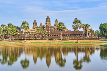 Angkor Wat Temple at sunset  lake reflection view, Siem Reap, Cambodia