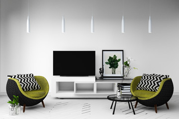 Smart Tv Mockup with white room with sofa and lamp decoration stand table. 3d rendering