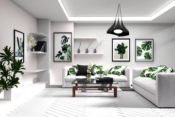 Scandinavian Living room interior - room modern tropical style with composition - minimal design. 3D rendering