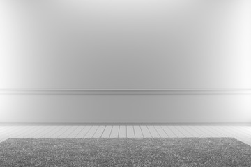 White carpet in white wooden floor on a white empty room. 3D rendering