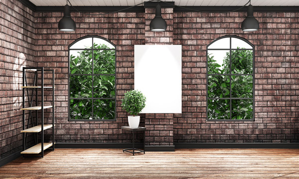brick wall modern room interior. 3D rendering