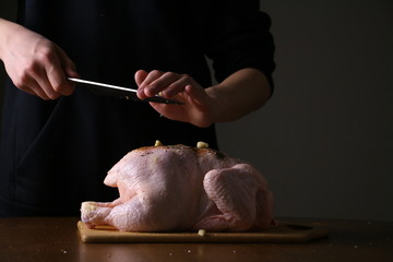 Chef hands cooking the whole chicken in the dark background. With spices. Preparing for frying .Photo with copyspace