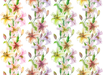 Beautiful lily flowers with green leaves in straight lines on white background. Seamless floral pattern. Watercolor painting. Hand drawn and painted  illustration.