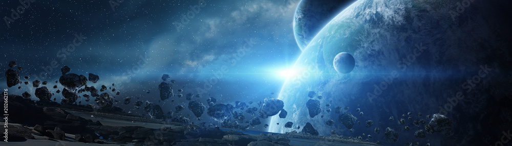 Poster Panoramic view of planets in distant solar system 3D rendering elements of this image furnished by NASA