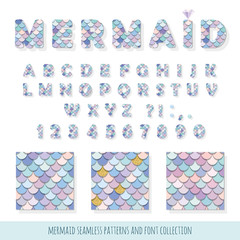 Mermaid font and seamless patterns set. For birthday cards, posters. Vector