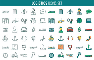 Logistics icons set. Delivery and Transportation. Outline icons. Vector