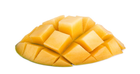 Mango cube isolated white background. Juicy and sweet mango fruit isolated