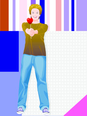 Portrait of a man showing a heart shape candy