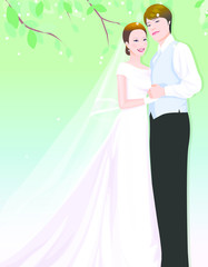 Newlywed couple standing together and holding hands