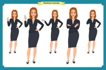 Obraz premium Set of young businesswoman presenting in different poses.People character. Standing, Woman body template for design, presentations work.Isolated on white. Flat style.business