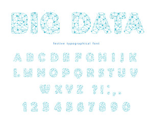 Big data modern font isolated on white. Polygonal letters and numbers with sparkle dots and connection lines. Starry sky texture. Vector