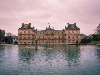 View of the Luxembourg palace, inside the public garden of Luxembourgh, one of the largest in Paris.