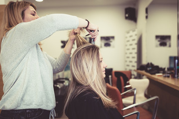 Woman in hair salon getting her hair cut by the hairdresser. 