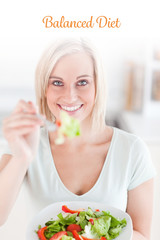 The word balanced diet against charming woman offering salad