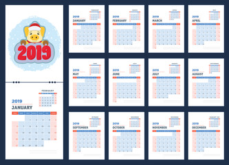 2019 calendar planning. Cartoon pig. Color template. Week starts on Sunday