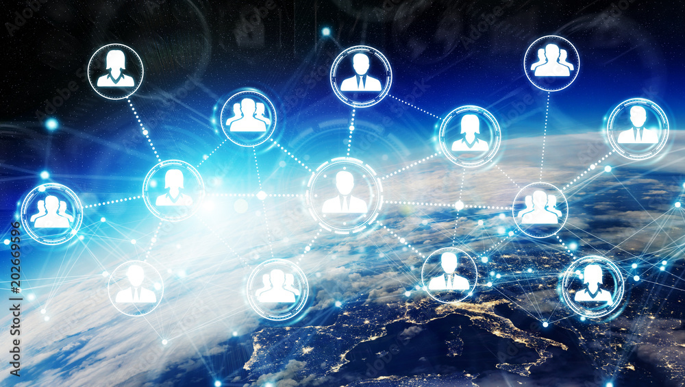 Poster Digital social network on planet Earth 3D rendering