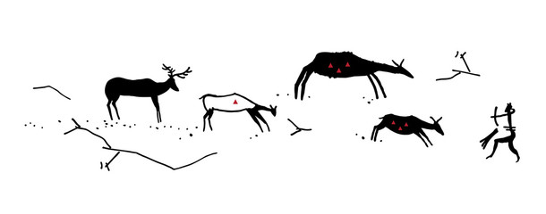 Primitive hunting. Stylization. The silhouette of a man in an animal mask shoots a bow in four ungulate animals. Isolated on white background.