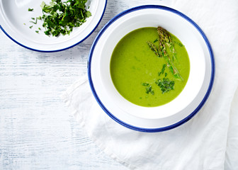 Cream of Green Asparagus and Broccoli Soup with Herbs