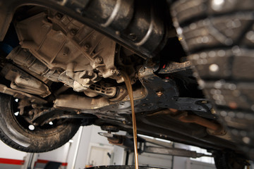 Oil change in automatic transmission. Filling the oil through the hose. Car maintenance station....