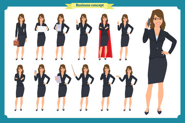 Fototapeta premium Set of young businesswoman presenting in different poses.People character. Standing, Woman body template for design, presentations work.Isolated on white. Flat style.business