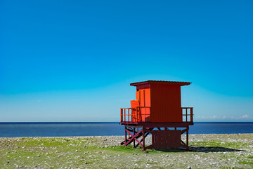 Fototapeta premium Red Lifeguard Kiosk, Georgia, Batumi, May.2017