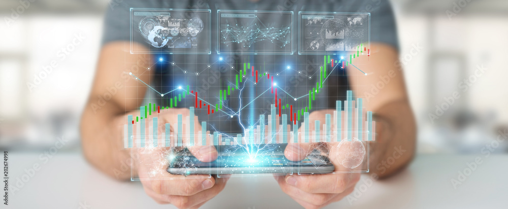 Poster Businessman using 3D rendering stock exchange datas and charts