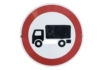 Road sign 'No goods vehicle' isolated on white.