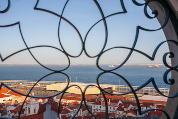 Old Lisbon Portugal panorama. cityscape with roofs. Tagus river. miraduro viewpoint. View from sao jorge castle