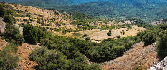 Fototapeta na wymiar Summer panoramic landscape in Meteora, Greece. Distant mountain range and thin layer of fog on the valleys. Green forest on hillsides.