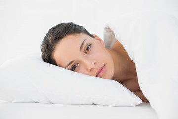 Peaceful casual brunette lying in her bed