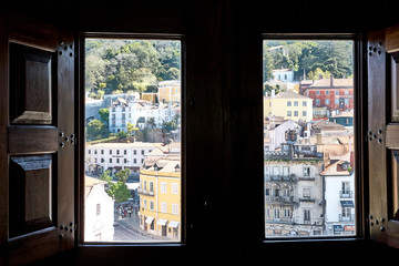 Worms eye view of the impressive Palace da Pena over the hill in Sintra, Lisbon. Portugal. Window view
