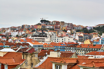 Old Lisbon Portugal panorama. cityscape with roofs. Tagus river. miraduro viewpoint