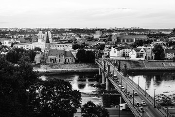 Aerial view of famous city Kaunas, Lithuania at sunset. Evening view. Black and white