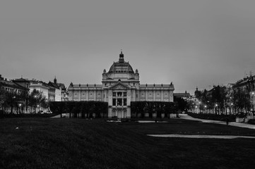 Fototapeta na wymiar Art Pavilion building in Zagreb, Croatia in the morning, dark blue sky in autumn. Black and white