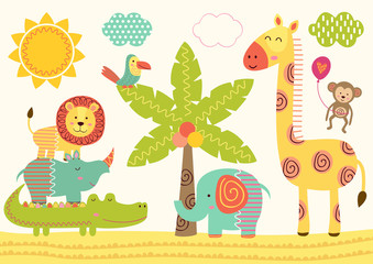 baby jungle animals near the palm tree - vector illustration, eps  