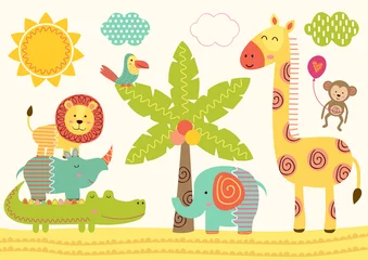 Wall murals Nursery baby jungle animals near the palm tree - vector illustration, eps  