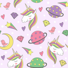 magic seamless pattern with unicorn and planets - vector illustration, eps