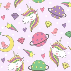 Wall murals Unicorn magic seamless pattern with unicorn and planets - vector illustration, eps