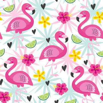 seamless pattern with pink flamingo and tropical flowers - vector illustration, eps