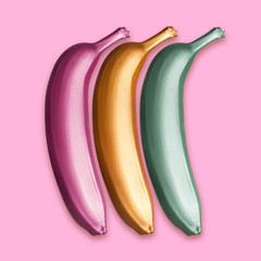 Purple, gold and green metallic golden bananas on a pink background. A modern creative concept. Contemporary art