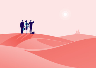 Vector business concept illustration with business people standing at desert hill & watching on horizon city. Metaphor for new aims, goal, purpose, achievements and aspirations, motivation, overcoming