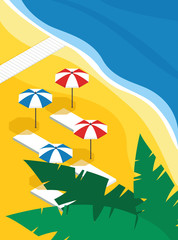 Sun umbrellas and sunbeds on the yellow sand in isometric. Vector illustration contains Golden beach and blue ocean, palm tree leaves 