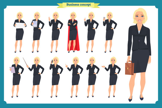 Set of super Businesswoman character design with different poses. Illustration isolated vector on white in flat cartoon style.Blonde Women in office clothes. Business 