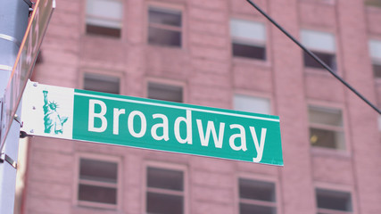 CLOSE UP: Famous Broadway street sign in Manhattan New York financial district